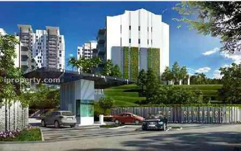 Exterior type: high-rise condominium; features: modern facade with greenery, glass entrance canopy, manicured landscaping, multiple storeys, parking area with vehicles, surrounding greenery, gated entry, security guard house, driveway with interlocking pavers; style: modern.