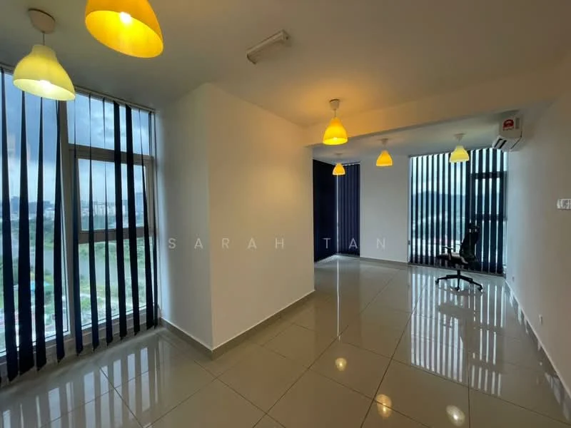 Room features: white painted walls, grey tiled flooring, floor-to-ceiling windows, vertical blinds, 3 pendant lamps with yellow shades, air conditioning unit, office chair, open layout; style: modern; view: city.