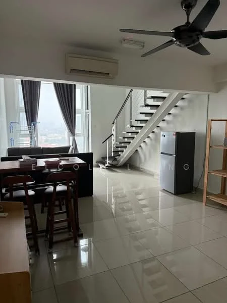 Living features: floor-to-ceiling windows, grey curtains, 3-blade ceiling fan, wall-mounted split AC, polished tile flooring, black leather sofa, wooden dining table with stools, stainless-steel fridge, open staircase, wooden shelving unit; style: modern; view: city.