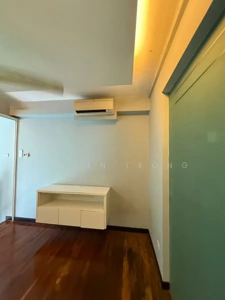 Room features: light blue painted walls, wooden flooring, 1 wall-mounted split AC, built-in white cabinet, recessed lighting, ceiling with cove lighting; style: modern.