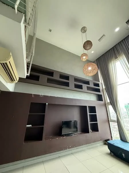 Living features: high ceiling, grey accent wall, built-in shelving, wall-mounted TV, floor-to-ceiling windows, sheer curtains, 3-blade ceiling fan, recessed LED downlights, hanging pendant lights, white tiled flooring, blue fabric sofa; style: modern; view: city.