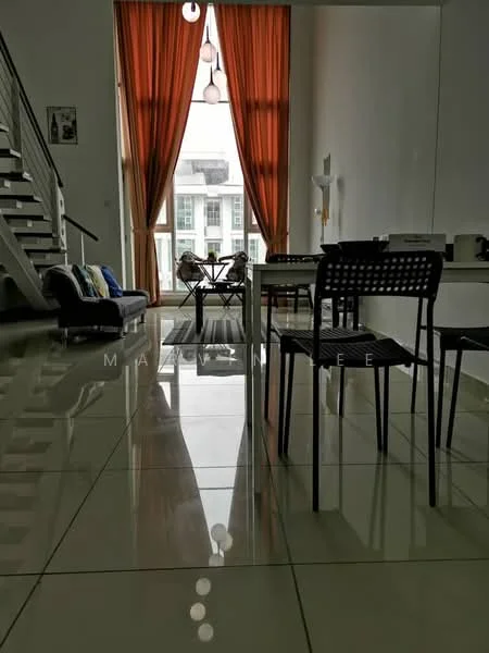 Living features: large floor-to-ceiling windows, orange sheer curtains, white painted walls, polished ceramic tile flooring, 3-seater fabric sofa in dark blue, coffee table, dining table with chairs, decorative wall art, recessed downlights, staircase with metal railing; style: modern.