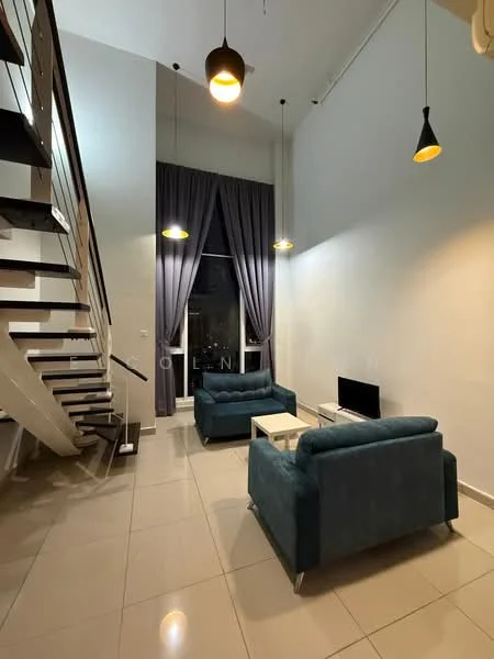 Living features: 2-seater fabric sofa in teal, coffee table, wall-mounted TV, floor-to-ceiling windows, grey curtains, recessed downlights, 2 pendant lights, white painted walls, glossy tile flooring, staircase with wooden treads; style: modern; view: city.