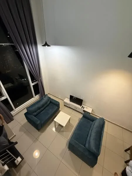 Living features: two teal fabric sofas, white coffee table, floor-to-ceiling windows, grey curtains, white painted walls, tile flooring, recessed downlights, wall-mounted TV console; style: modern; view: city.
