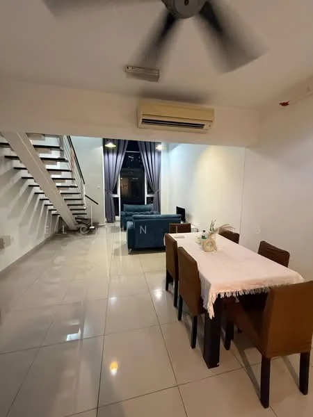 Living features: white painted walls, glossy ceramic tile flooring, 5-blade ceiling fan, recessed LED downlights, sofa in blue fabric, dining table with 6 brown upholstered chairs, decorative table centerpiece, TV console, curtains in grey fabric, staircase with metal railing; style: modern.