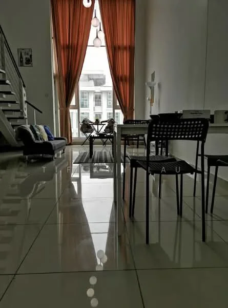 Living features: large floor-to-ceiling windows, sheer curtains in orange, white painted walls, polished ceramic tile flooring, 3-seater fabric sofa in navy blue, 2 accent cushions, glass dining table, 4 black dining chairs, pendant lighting, staircase with metal railing, decorative wall art; style: modern; view: city.