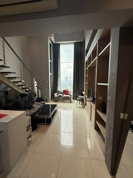 Living features: floor-to-ceiling windows, grey curtains, white walls, polished tile flooring, open shelving unit, black fabric sofa, red accent chair, staircase with metal railing, decorative wall paneling, area rug, coffee table; style: modern; view: city.