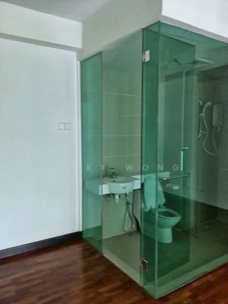 Bathroom features: glass shower enclosure, white ceramic toilet, wall-mounted sink, chrome faucet, tile flooring, light green wall tiles, showerhead, toilet paper holder; style: modern.