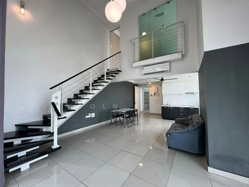 Living features: grey accent wall, white painted walls, polished tile flooring, 5-blade ceiling fan with light, sofa in dark fabric, dining table with 4 chairs, staircase with black steps and white railing, recessed lighting, open space layout; style: modern.