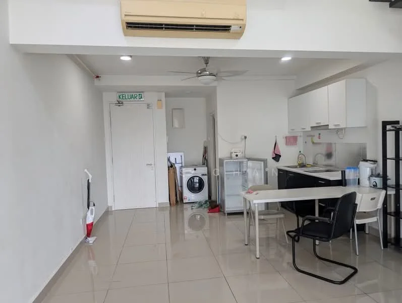 Kitchen features: white cabinets, black countertop, stainless-steel sink, chrome pull-down faucet, built-in oven, freestanding washing machine, refrigerator, ceiling fan, wall-mounted split AC, dining table with chairs, tile flooring, white painted walls; style: modern.