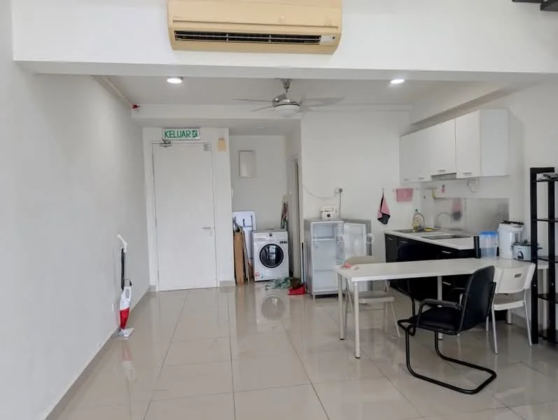Kitchen features: white painted walls, glossy tile flooring, ceiling fan, recessed downlights, white cabinetry, black countertop, stainless-steel fridge, front-load washing machine, kitchen sink, dining table, plastic dining chairs; style: modern.