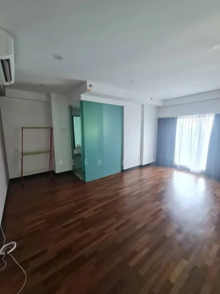 Room features: wooden flooring, white painted walls, ceiling-mounted air conditioning unit, floor-to-ceiling windows, sheer curtains, glass partition, recessed downlights; style: modern.