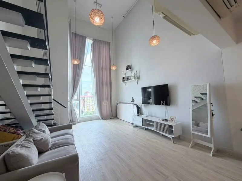 Living features: grey fabric sofa, white coffee table, wall-mounted TV, white TV console, large floor-to-ceiling windows, sheer curtains, chandelier lighting, wooden flooring, decorative wall shelf, mirror, staircase with black railing; style: modern; view: city.