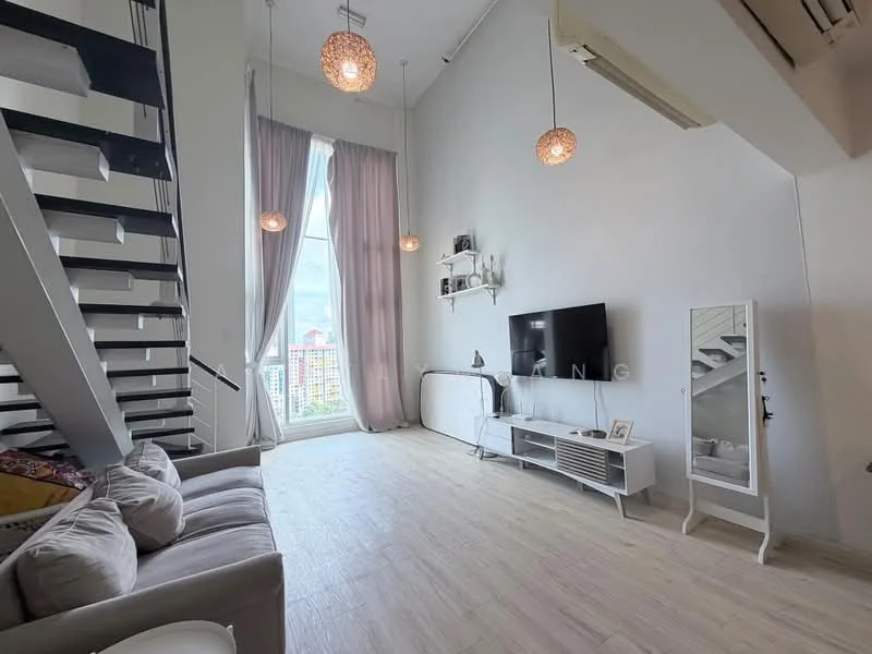 Living features: large floor-to-ceiling windows, light grey painted walls, wooden flooring, 2 pendant lights, wall-mounted TV, white TV console, white shelving unit, mirrored dressing table, sofa with light upholstery, air conditioning unit; style: modern; view: city.