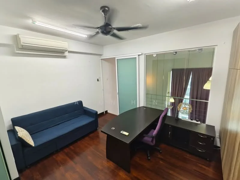 Room features: dark wood flooring, white painted walls, 5-blade ceiling fan, wall-mounted split AC, sofa in navy blue, desk with purple chair, built-in wardrobe with mirrored doors, window with sheer curtains; style: modern.