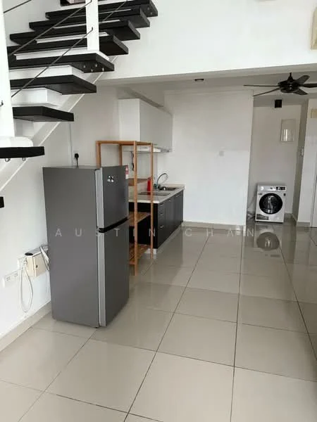 Kitchen features: grey fridge, single-bowl stainless-steel sink, chrome pull-down faucet, white countertop, white cabinetry, open shelving, ceramic tile flooring, ceiling fan, washing machine, stainless-steel range hood, built-in oven, 4-burner gas hob; style: modern.
