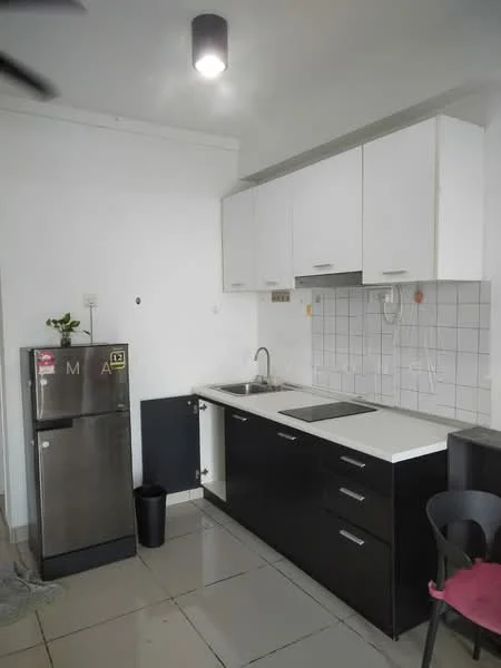 Kitchen features: white upper cabinets, black lower cabinets, stainless-steel sink, chrome pull-down faucet, white tiled backsplash, marble countertop, built-in stove, stainless-steel fridge, grey tiled flooring, ceiling light fixture; style: modern.
