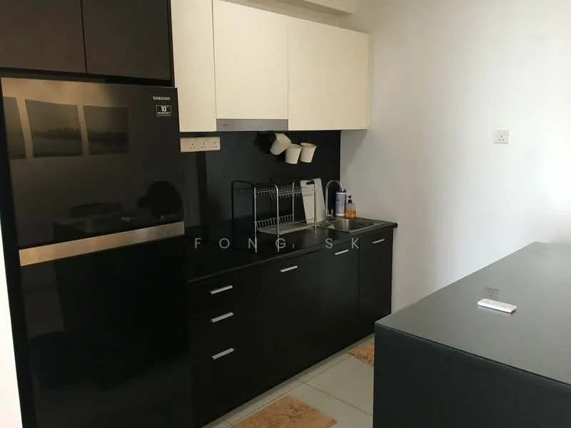 Kitchen features: black cabinetry, white countertop, stainless-steel fridge, built-in oven, kitchen sink, chrome faucet, black backsplash, tile flooring, under-cabinet lighting, open shelving, kitchen utensils holder, dish soap dispenser, kitchen rug; style: modern.