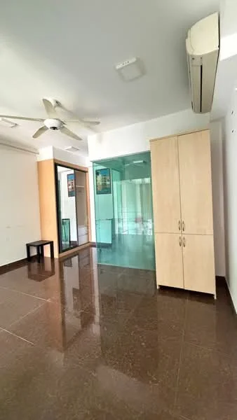 Room features: 5-blade ceiling fan with light, 1 wall-mounted split AC, glossy brown tile flooring, cream painted walls, built-in wardrobe with two doors, glass partition wall, sliding glass door, open layout, natural light from windows; style: modern.