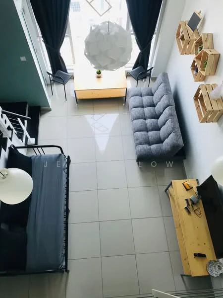 Living features: grey fabric sofa, wooden coffee table, TV console, wall-mounted TV, floor-to-ceiling windows, blackout curtains, hanging pendant light, decorative wall shelves, tile flooring, light blue accent wall; style: modern.