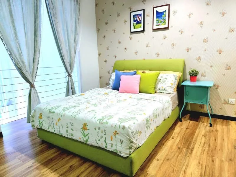 Bedroom features: green upholstered bed frame, queen-size bed with floral bedding, two decorative pillows in pink and green, wooden bedside table in teal, framed artwork on the wall, floral wallpaper, curtains with sheer fabric, laminate flooring; style: modern.