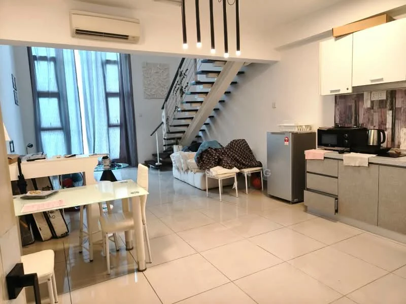 Living features: white painted walls, polished tile flooring, 5-blade ceiling fan with light, floor-to-ceiling windows with sheer curtains, sofa with throw blankets, coffee table, TV console, stainless-steel fridge, built-in microwave, kitchen cabinetry with grey finish, dining table with four white chairs, staircase with wooden steps; style: modern.