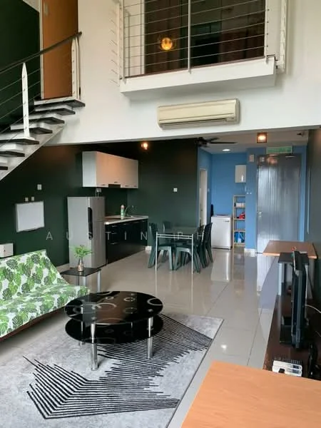 Living features: green accent wall, white painted walls, polished tile flooring, 5-blade ceiling fan with light, sofa with leaf pattern, round coffee table with black surface, area rug with geometric pattern, wall-mounted TV, dining table with green chairs, stainless-steel fridge, built-in kitchen with white cabinetry, kitchen countertop, open-plan layout; style: modern. Kitchen features: white cabinetry, built-in oven, stainless-steel fridge, kitchen countertop, sink, stainless-steel appliances; style: modern.