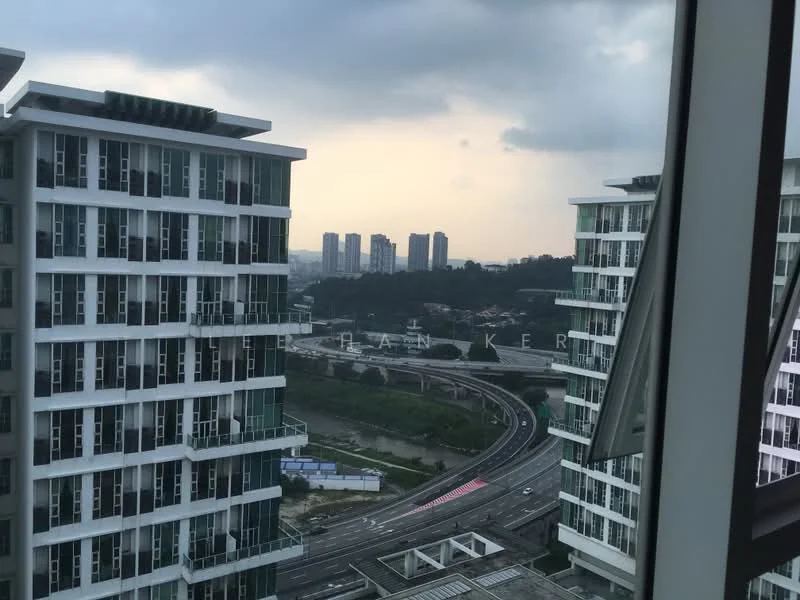 Exterior type: high-rise condominium; features: glass curtain wall, recessed balconies, surrounded by urban landscape, view of city skyline, multiple storeys, modern architectural design; style: modern.