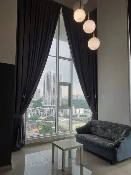 Living features: floor-to-ceiling windows, grey fabric sofa, white coffee table, long purple curtains, polished tile flooring, 3 pendant lights, city view, decorative wall with dark finish; style: modern; view: city.