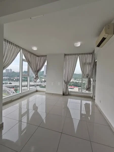 Living features: white painted walls, glossy ceramic tile flooring, floor-to-ceiling windows, sheer curtains, 2 ceiling lights, 1 wall-mounted split AC, city view; style: modern; view: city.