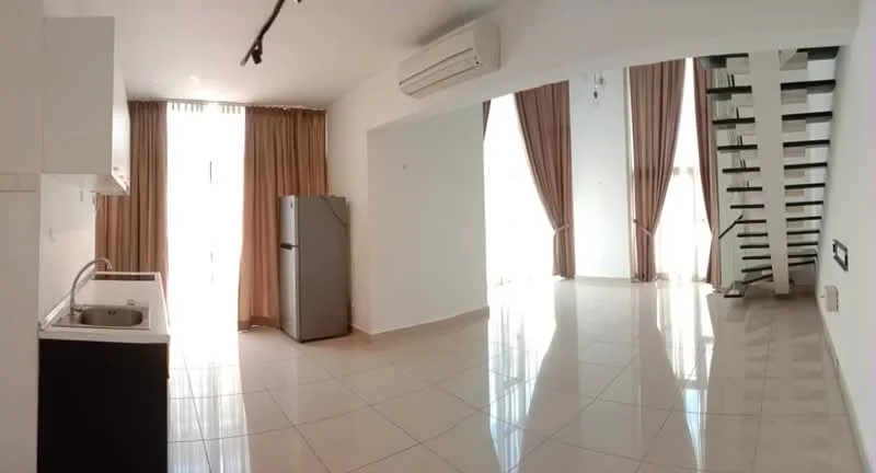 Living features: white painted walls, glossy tile flooring, 5-blade ceiling fan, floor-to-ceiling windows, sheer curtains, recessed downlights, air conditioning unit, stainless-steel fridge, open kitchen layout, kitchen sink, black cabinetry, staircase with glass railing; style: modern.