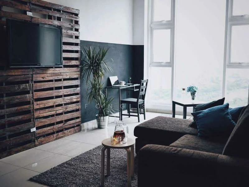 Living features: 3-seater fabric sofa in brown, coffee table, area rug with geometric pattern, wall-mounted TV, wooden feature wall, floor-to-ceiling windows, potted plant, small dining table with two chairs, decorative vase with flowers; style: modern; view: city.