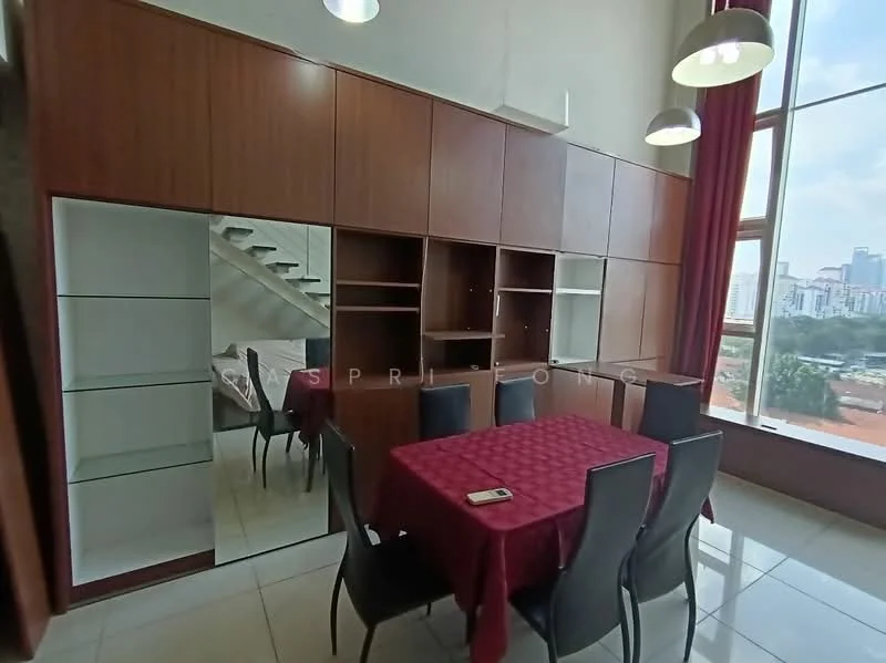 Dining features: wooden cabinetry, mirror wall, dining table with red tablecloth, 4 upholstered dining chairs, large windows with city view, white tiled flooring, recessed downlights, hanging pendant lights; style: modern; view: city.