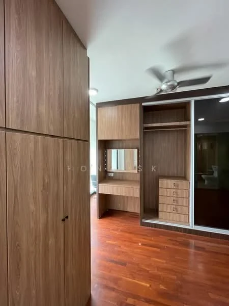Bedroom features: wooden flooring, built-in wardrobe with sliding doors, wooden cabinetry, dressing table with mirror, ceiling fan, natural light from window, open closet space, drawer unit; style: modern.