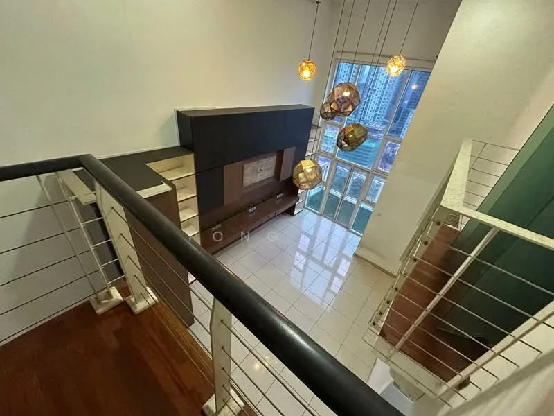 Room features: white painted walls, polished tile flooring, wood flooring, hanging pendant lights, large windows with city view, metal railing, built-in cabinetry, open space layout; style: modern; view: city.