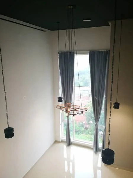 Room features: large window with city view, sheer curtains, chandelier with circular design, hanging pendant lights, white painted walls, smooth flooring, dark ceiling, natural light; style: modern; view: city.