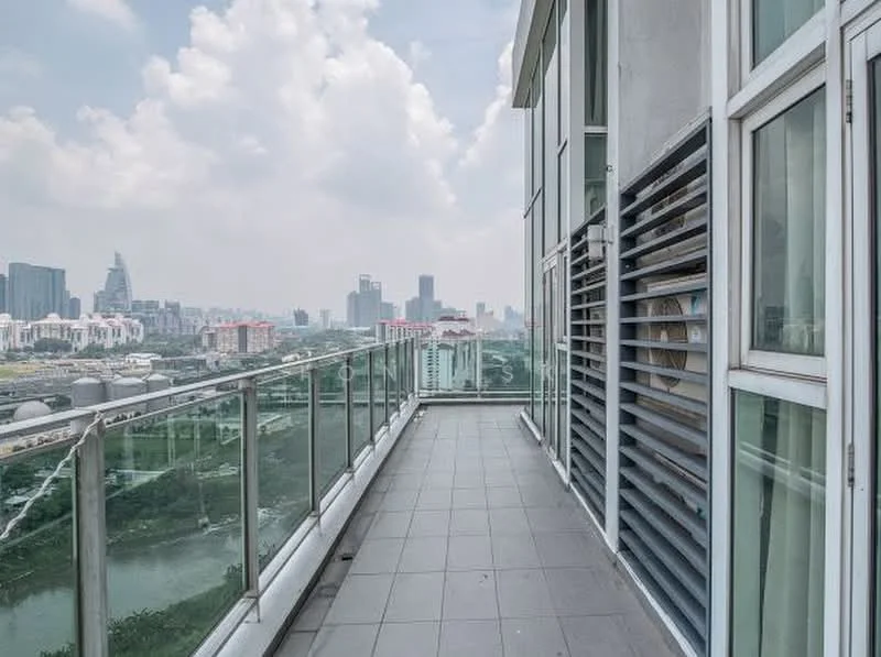Room features: glass railing, grey tiled flooring, city skyline view, partially covered balcony, metal louvered screens, concrete wall, open space, outdoor area; style: modern; view: city.