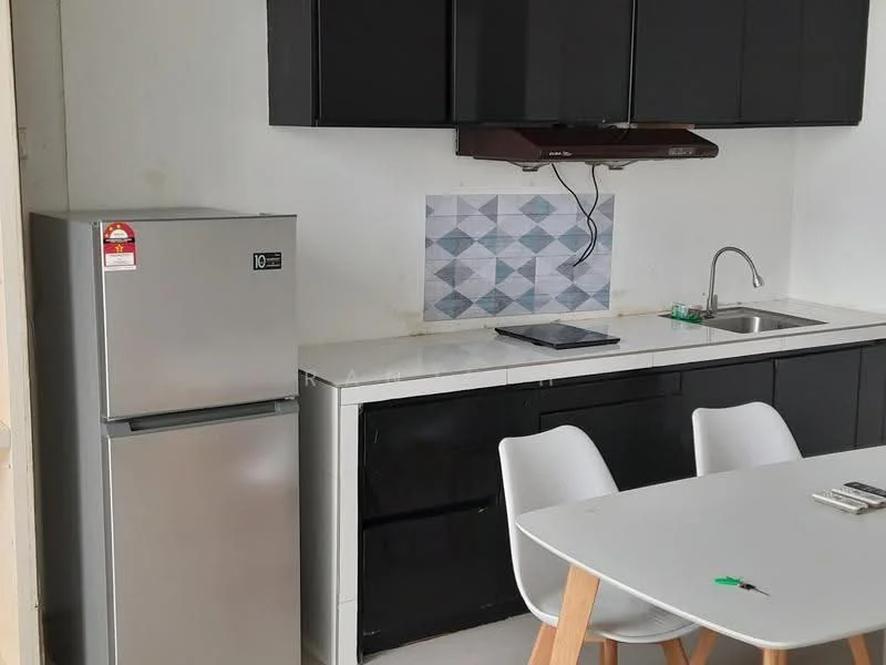 Kitchen features: black cabinetry, white countertop, stainless-steel sink, chrome pull-down faucet, built-in stove, stainless-steel range hood, silver fridge, white dining table, white chairs; style: modern.