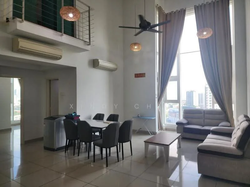 Living features: sofa in light grey fabric, coffee table, dining table for 6 with grey upholstered chairs, floor-to-ceiling windows, curtains in light beige, 5-blade ceiling fan with light, 2 wall-mounted split AC units, tile flooring, decorative pendant lights, wall-mounted TV, open space layout; style: modern; view: city.
