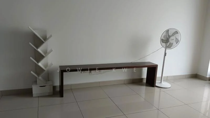 Room features: white painted walls, glossy tile flooring, wooden bench, white floor fan, white bookshelf, minimalist decor; style: minimalist.