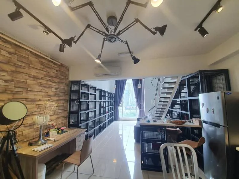 Living features: white painted walls, wood feature wall with stone cladding, polished tile flooring, 5-blade ceiling fan with light, recessed LED downlights, floor-to-ceiling windows, curtains, built-in shelving units, dining table with chairs, desk with chair, stainless-steel fridge; style: modern; view: city.