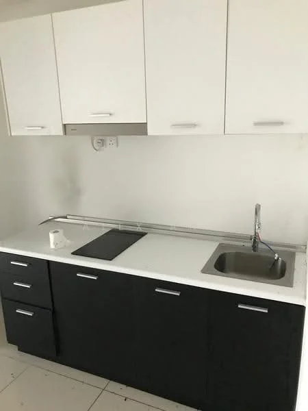 Kitchen features: white upper cabinets, black lower cabinets, white countertop, stainless-steel sink, chrome pull-down faucet, built-in range hood, tile flooring, wall-mounted electrical outlets; style: modern.