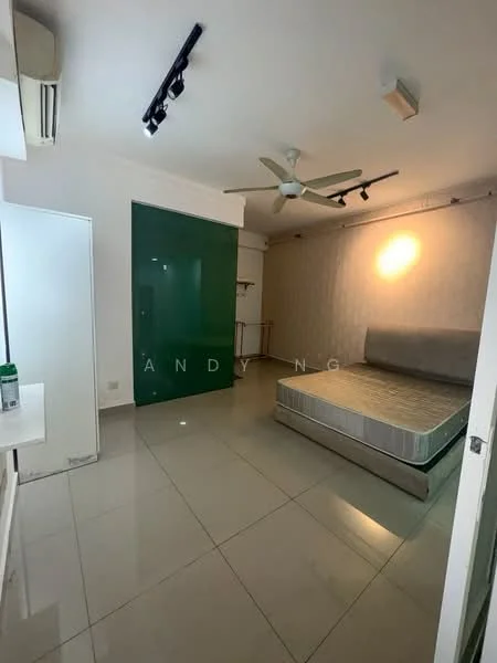 Bedroom features: queen-size bed, upholstered headboard, white painted walls, light grey accent wall, recessed downlights, ceiling fan, sliding mirror wardrobe, tile flooring, window with sheer curtains, built-in shelving unit, wall-mounted TV, decorative wall light; style: modern.