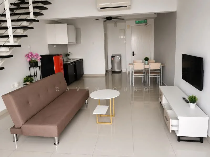 Living features: brown fabric sofa bed, white coffee table with gold legs, white TV console, wall-mounted TV, recessed downlights, floor-to-ceiling windows, light-colored tiled flooring, air conditioning unit, decorative wall art, dining table with four chairs; style: modern. Kitchen features: black and white cabinetry, stainless-steel fridge, built-in oven, freestanding range oven, sink with chrome faucet, countertop with backsplash, open shelving; style: modern.