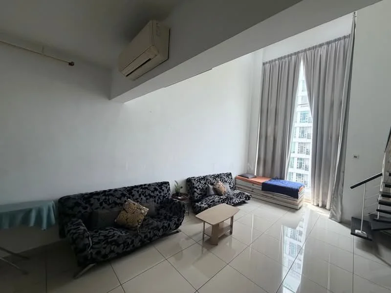 Living features: 2-seater fabric sofa in black with floral pattern, 3-seater fabric sofa in black with floral pattern, coffee table, floor-to-ceiling windows, sheer curtains, white painted walls, glossy tile flooring, wall-mounted split AC, staircase, decorative cushions; style: modern; view: city.