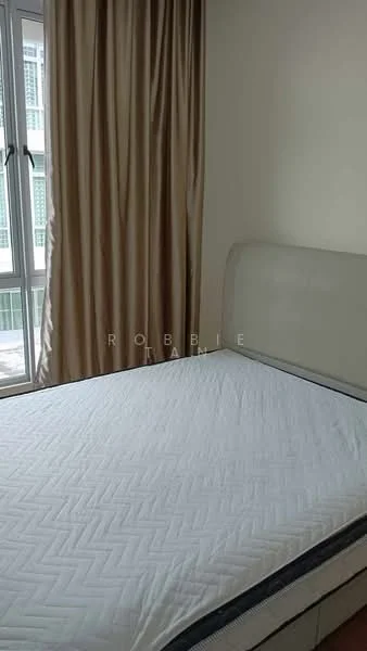 Bedroom features: queen-size bed, upholstered headboard, floor-to-ceiling windows, sheer curtains, light-coloured walls, laminate flooring, decorative wall, natural light; style: modern.