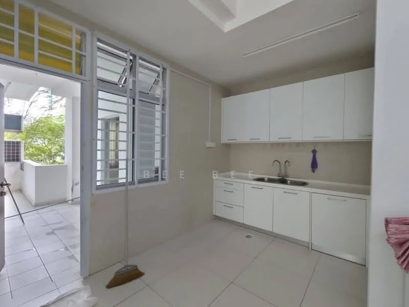 Kitchen features: white cabinetry, stainless-steel sink, chrome faucet, white tiled backsplash, ceramic tile flooring, window with louvered shutters, countertop space, wall-mounted cabinets, open layout, natural light from window; style: modern; view: garden. Room features: sliding glass door, outdoor balcony area, tile flooring.