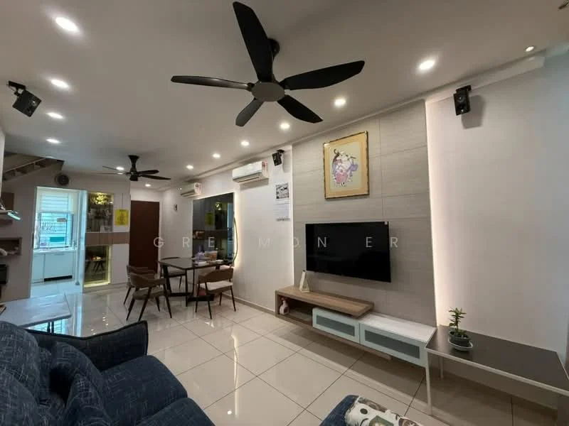 Living features: 3-seater fabric sofa in navy blue, coffee table, wall-mounted TV, TV console in white, recessed LED downlights, 2-blade ceiling fan, decorative wall art, tile flooring, exposed air conditioning unit, wall-mounted speakers, open layout to dining area; style: modern. Dining features: 4-seater dining table, upholstered dining chairs, decorative plant on table; style: modern. Kitchen features: open kitchen layout, kitchen cabinets, countertop, stainless-steel sink, built-in appliances; style: modern.
