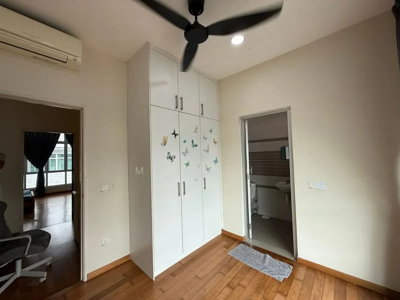 Room features: wooden flooring, white painted walls, built-in wardrobe with multiple doors, ceiling fan, recessed downlights, doorway leading to bathroom, decorative wall stickers, air conditioning unit; style: modern.