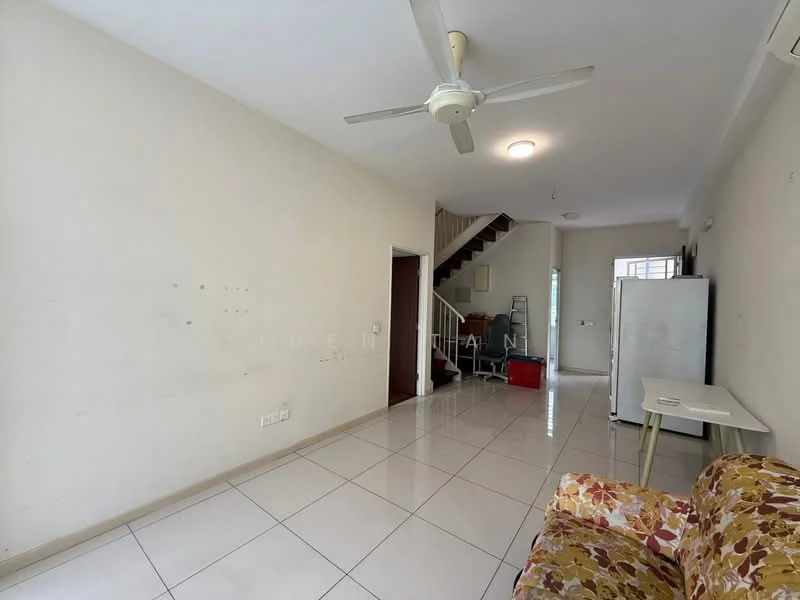 Living features: white painted walls, glossy ceramic tile flooring, 5-blade ceiling fan, recessed ceiling lights, sofa with floral pattern, white refrigerator, small dining table, staircase leading to upper floor; style: modern.